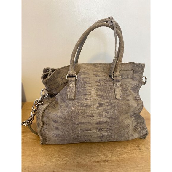 Michael Kors Distressed Gray Leather Satchel Bag W/ Chain Strap & Lock Accent - Picture 4 of 8